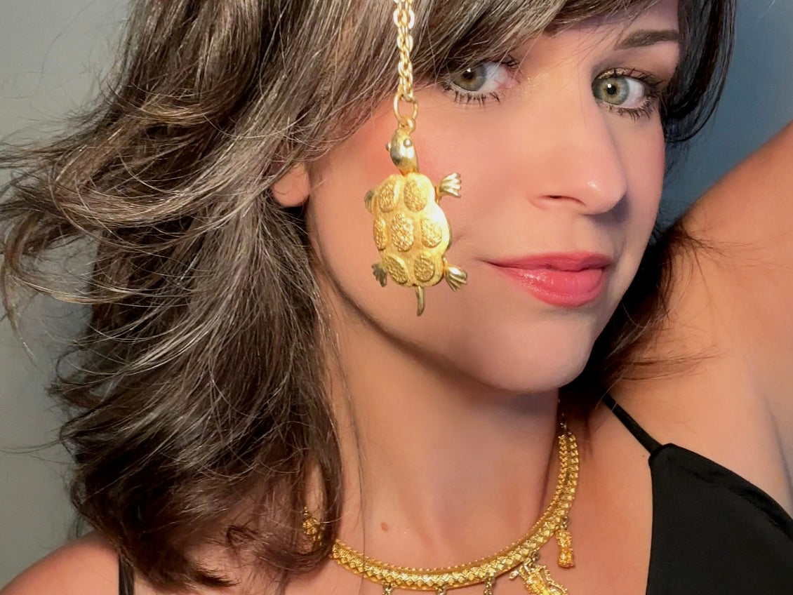 Gold Turtle Pendant Necklace, Whimsical Vintage Necklace, JJ Jonette Long Gold Chain Necklace