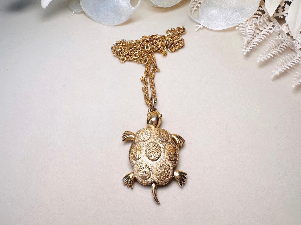 Gold Turtle Pendant Necklace, Whimsical Vintage Necklace, JJ Jonette Long Gold Chain Necklace