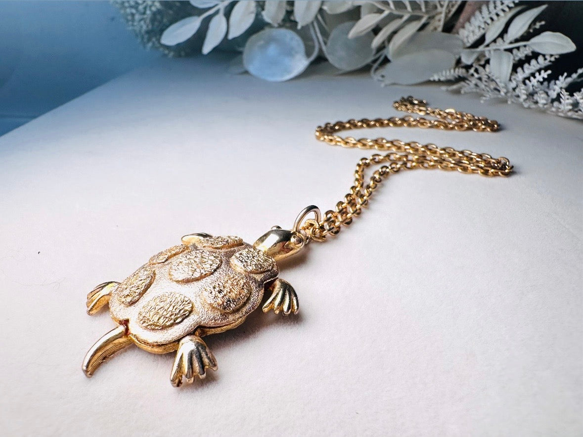 Gold Turtle Pendant Necklace, Whimsical Vintage Necklace, JJ Jonette Long Gold Chain Necklace