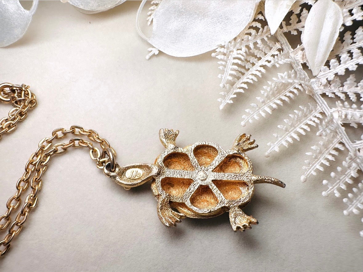 Gold Turtle Pendant Necklace, Whimsical Vintage Necklace, JJ Jonette Long Gold Chain Necklace