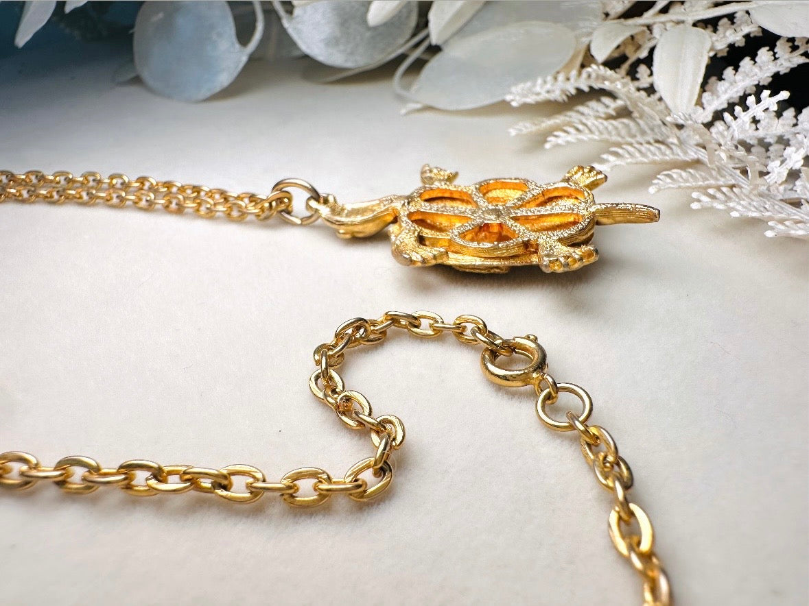 Gold Turtle Pendant Necklace, Whimsical Vintage Necklace, JJ Jonette Long Gold Chain Necklace