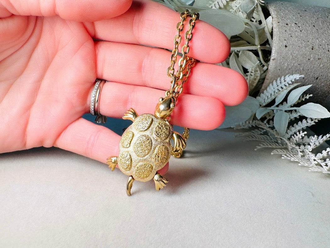 Gold Turtle Pendant Necklace, Whimsical Vintage Necklace, JJ Jonette Long Gold Chain Necklace