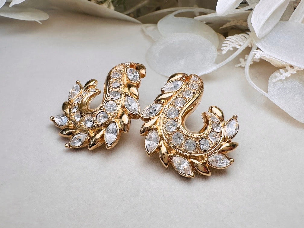 Gold Vintage Avon Crystal Earrings, Dimensional Marquise Rhinestone Studded Paisley Swirl 