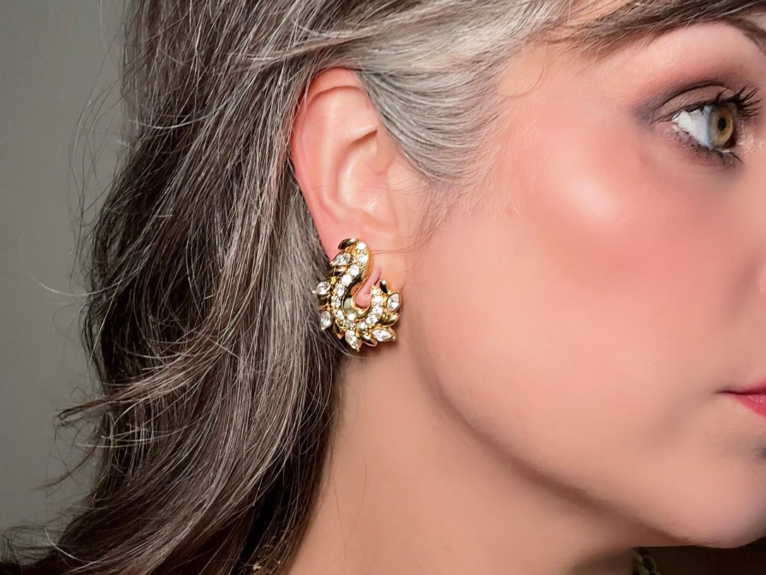 Gold Vintage Avon Crystal Earrings, Dimensional Marquise Rhinestone Studded Paisley Swirl 