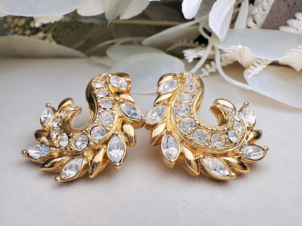 Gold Vintage Avon Crystal Earrings, Dimensional Marquise Rhinestone Studded Paisley Swirl 