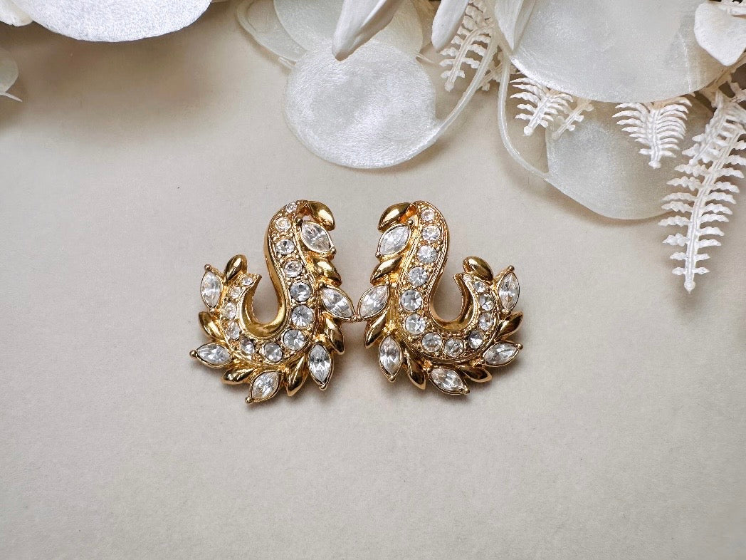 Gold Vintage Avon Crystal Earrings, Dimensional Marquise Rhinestone Studded Paisley Swirl 