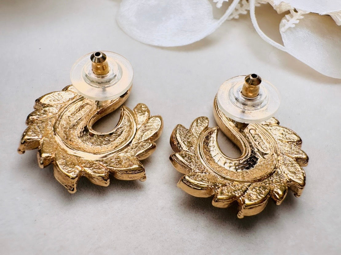 Gold Vintage Avon Crystal Earrings, Dimensional Marquise Rhinestone Studded Paisley Swirl 
