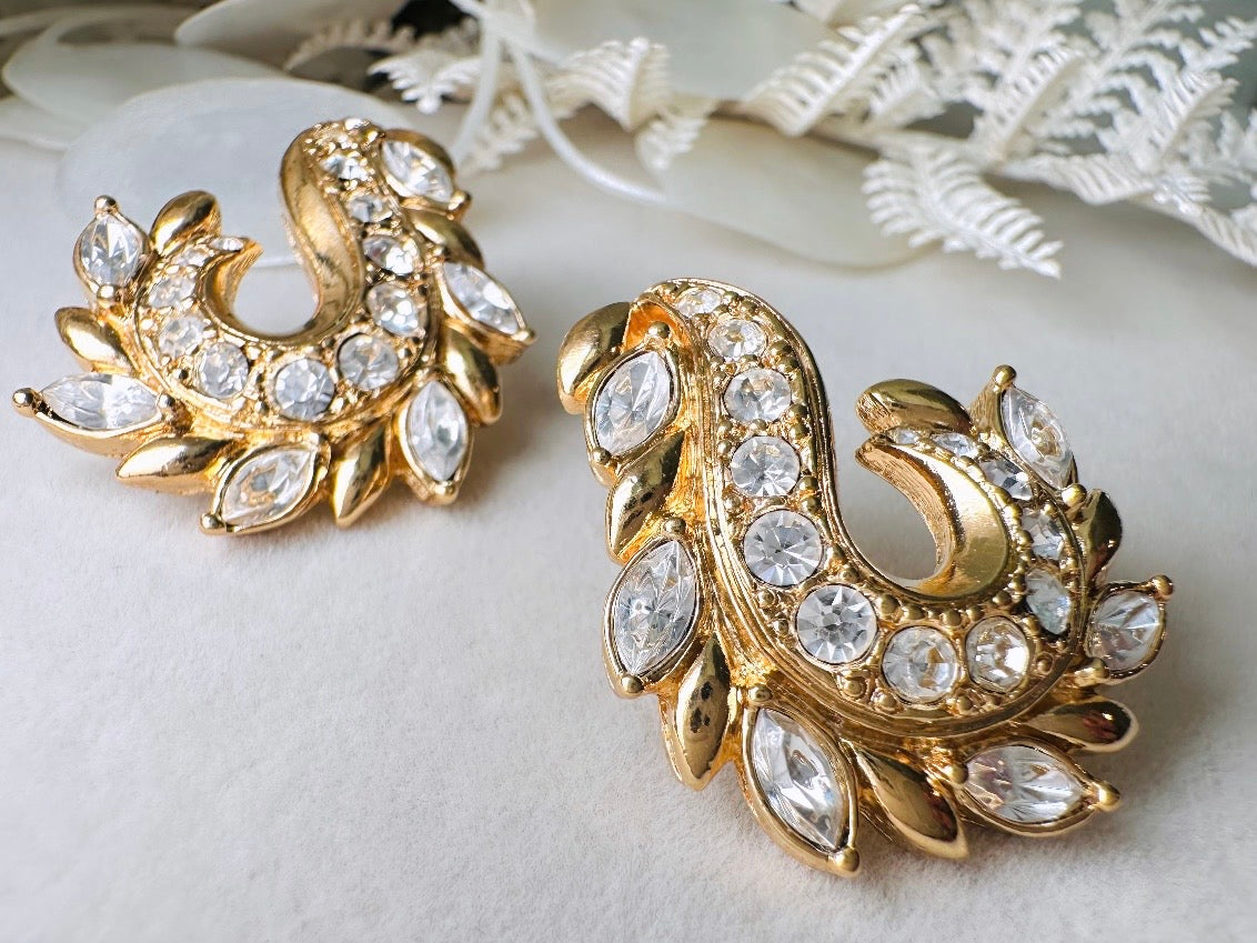 Gold Vintage Avon Crystal Earrings, Dimensional Marquise Rhinestone Studded Paisley Swirl 