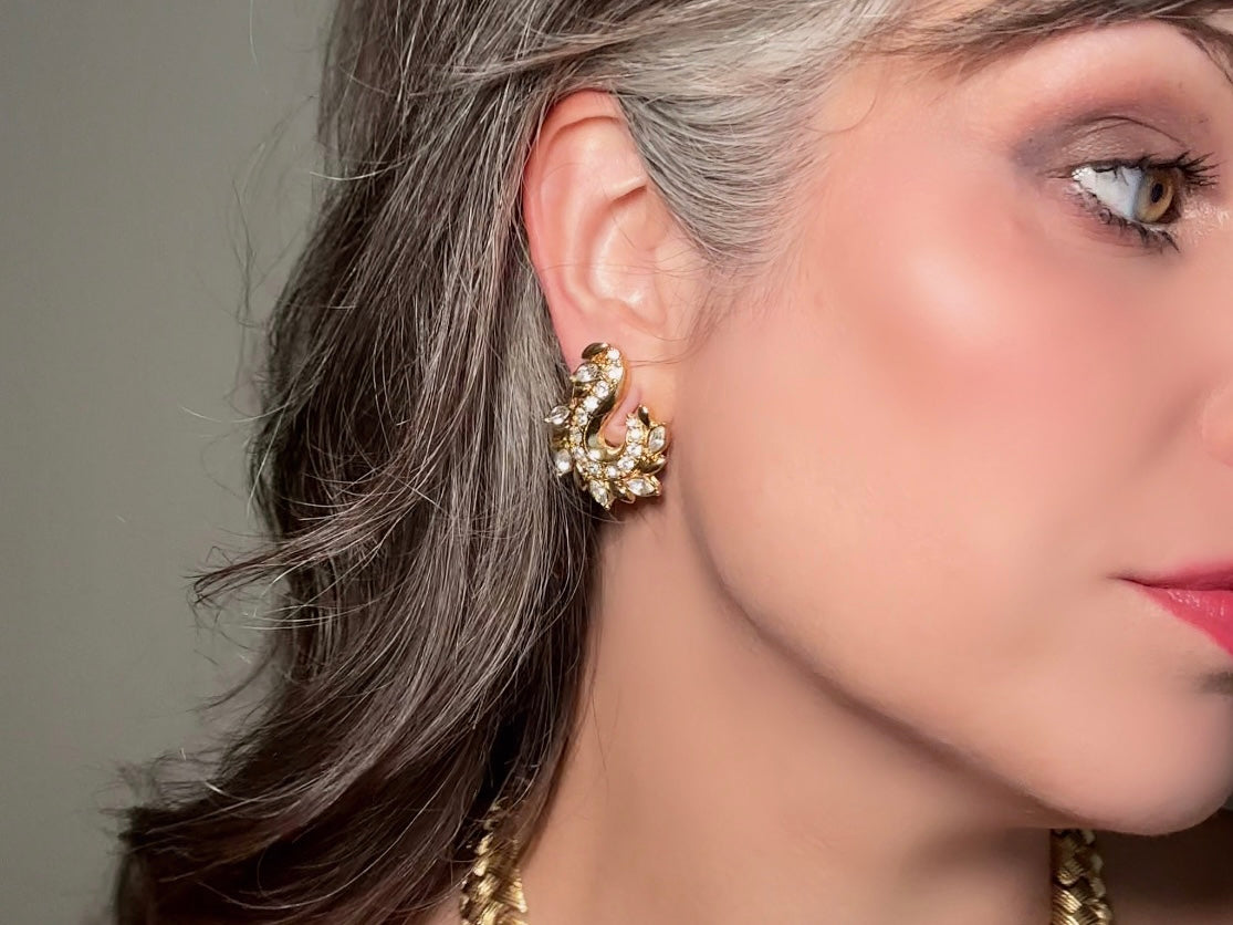 Gold Vintage Avon Crystal Earrings, Dimensional Marquise Rhinestone Studded Paisley Swirl 