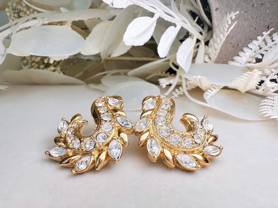 Gold Vintage Avon Crystal Earrings, Dimensional Marquise Rhinestone Studded Paisley Swirl 