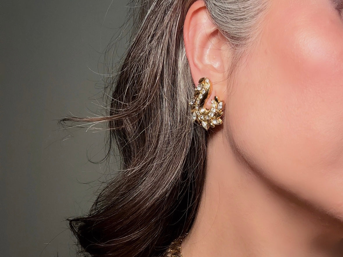 Gold Vintage Avon Crystal Earrings, Dimensional Marquise Rhinestone Studded Paisley Swirl 