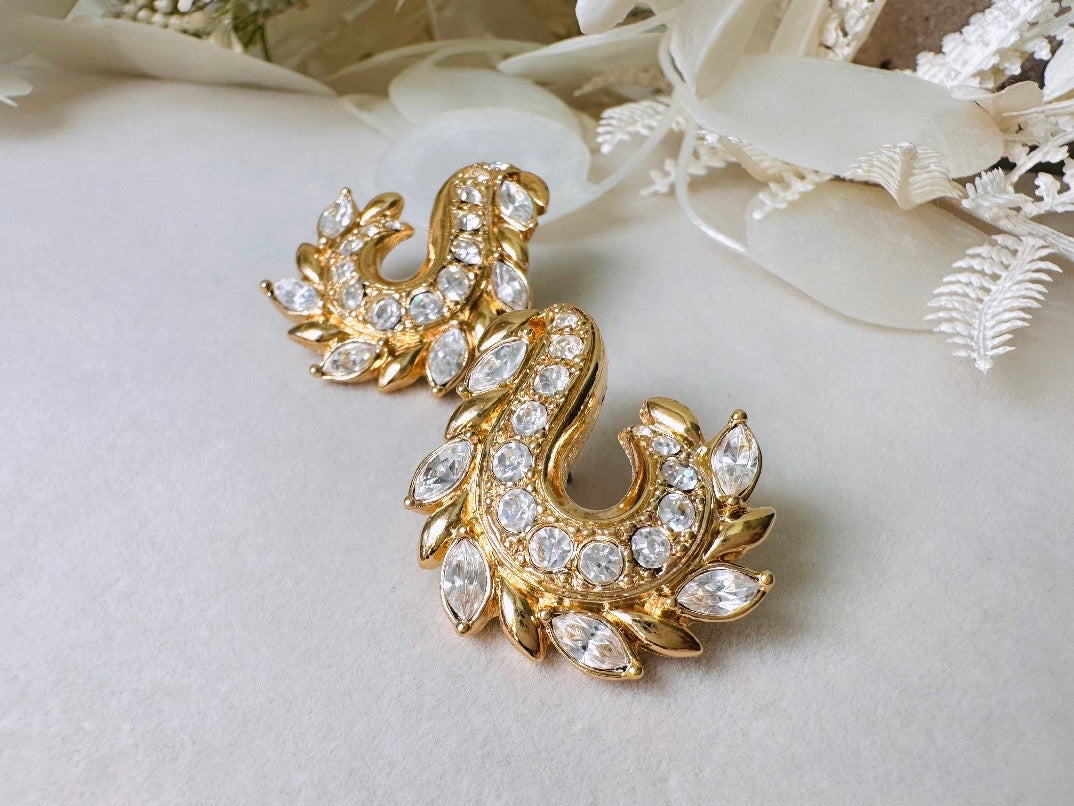 Gold Vintage Avon Crystal Earrings, Dimensional Marquise Rhinestone Studded Paisley Swirl 