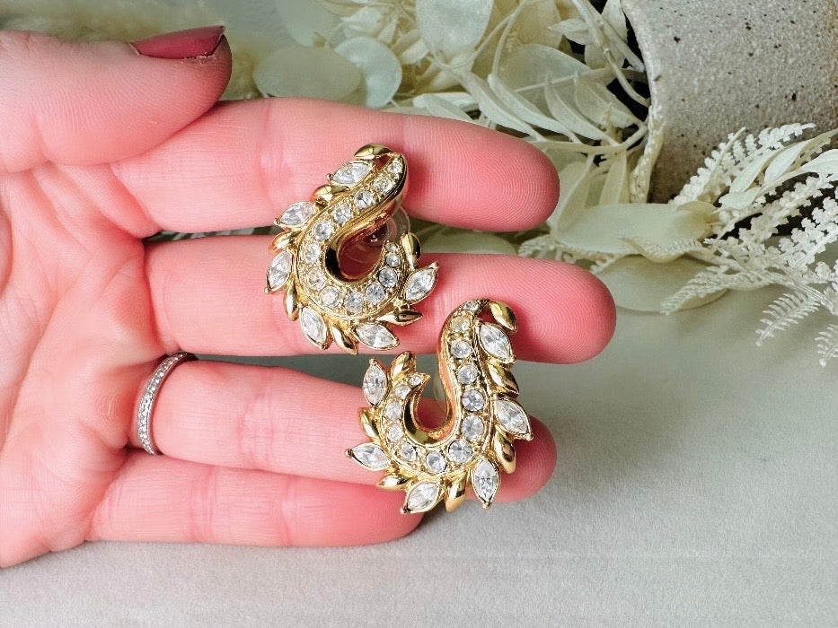 Gold Vintage Avon Crystal Earrings, Dimensional Marquise Rhinestone Studded Paisley Swirl 