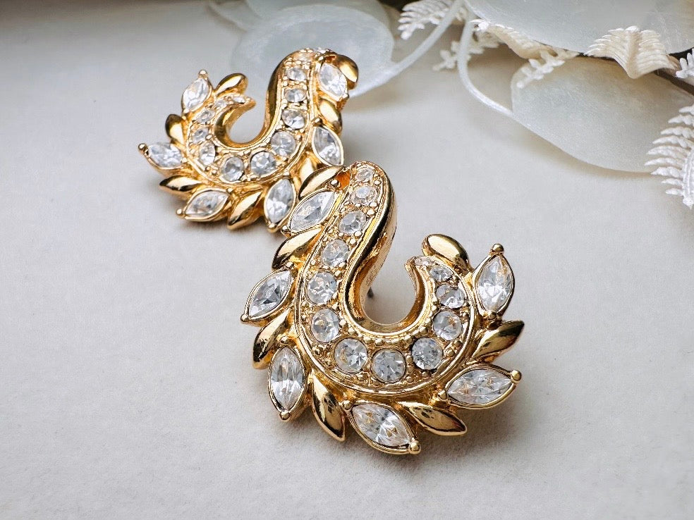 Gold Vintage Avon Crystal Earrings, Dimensional Marquise Rhinestone Studded Paisley Swirl Pierced earrings