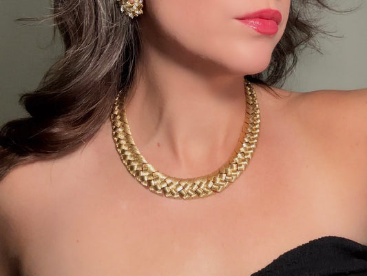 Gold Vintage Chain Necklace Basket Weave Style, Chunky Gold Woven Collar Necklace, Articulated Braided Thick Chain Necklace