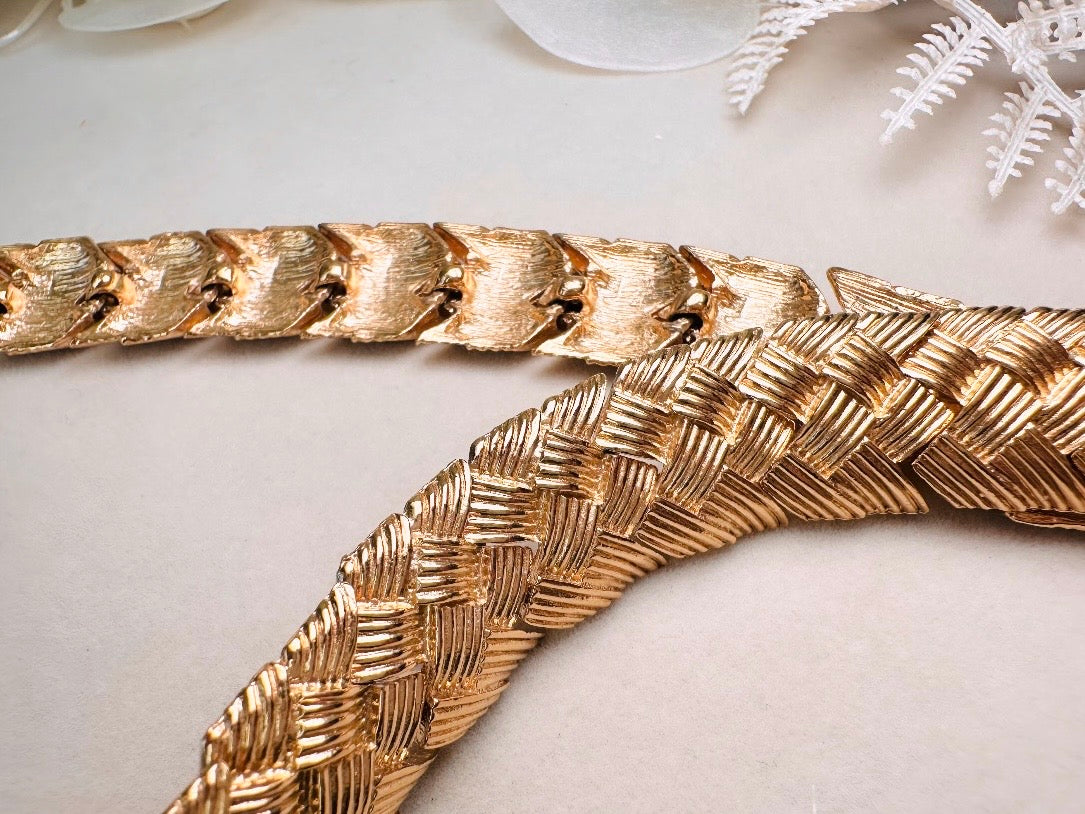 Gold Vintage Chain Necklace Basket Weave Style, Chunky Gold Woven Collar Necklace, Articulated Braided Thick Chain Necklace