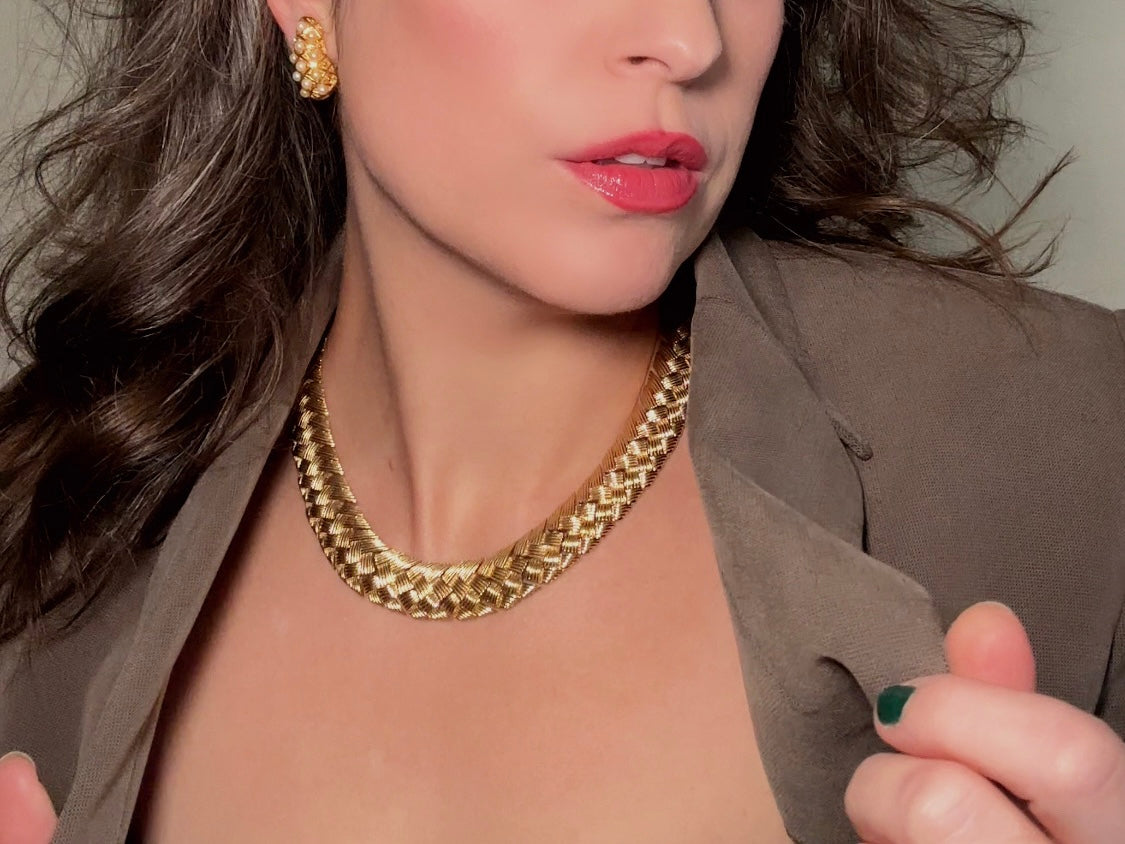 Gold Vintage Chain Necklace Basket Weave Style, Chunky Gold Woven Collar Necklace, Articulated Braided Thick Chain Necklace