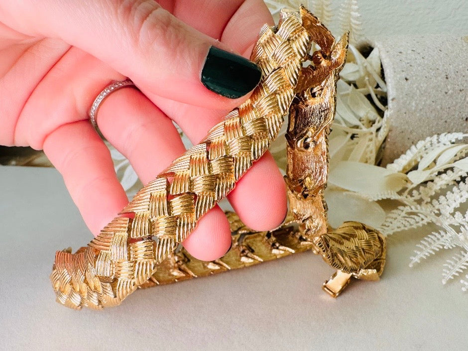 Gold Vintage Chain Necklace Basket Weave Style, Chunky Gold Woven Collar Necklace, Articulated Braided Thick Chain Necklace