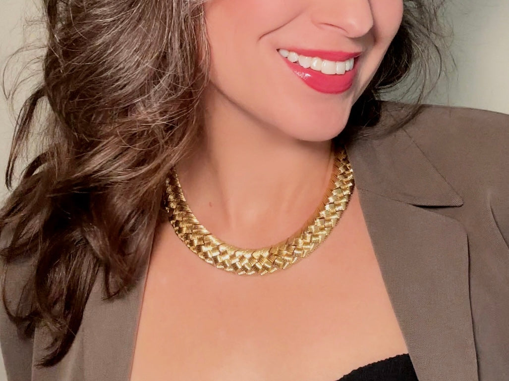 Gold Vintage Chain Necklace Basket Weave Style, Chunky Gold Woven Collar Necklace, Articulated Braided Thick Chain Necklace