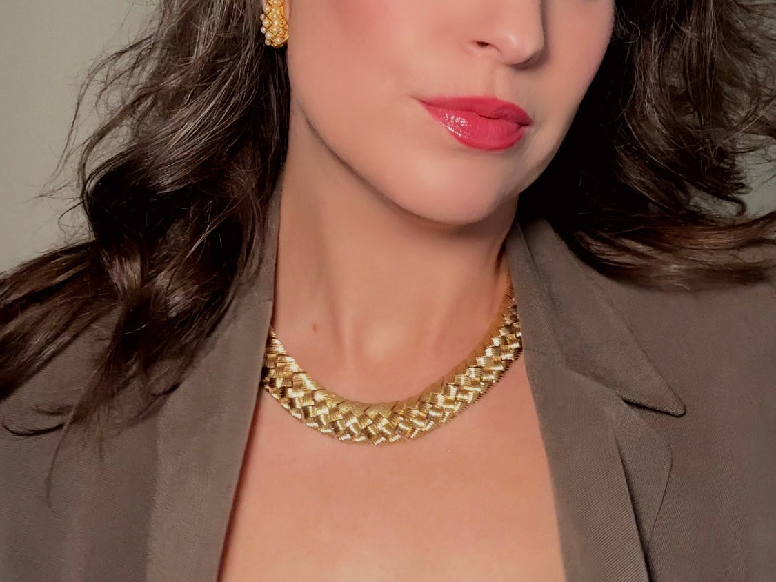 Gold Vintage Chain Necklace Basket Weave Style, Chunky Gold Woven Collar Necklace, Articulated Braided Thick Chain Necklace