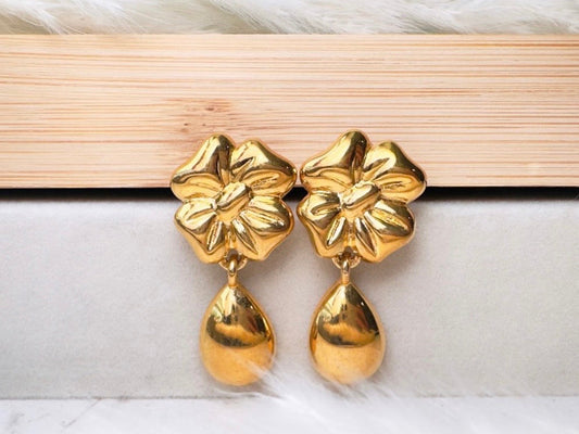 Gold Vintage Earrings, Floral Napier Pierced Drop Earrings with Flowers and Golden Teardrops