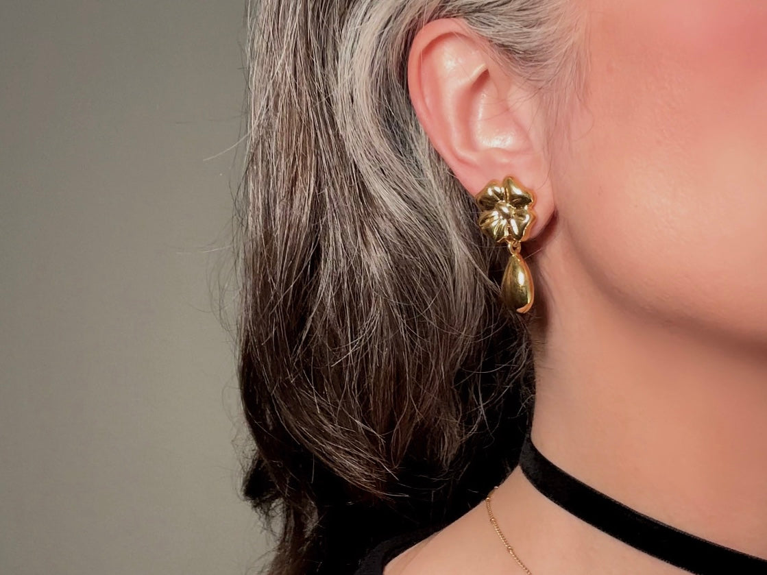 Gold Vintage Earrings, Floral Napier Pierced Drop Earrings with Flowers and Golden Teardrops
