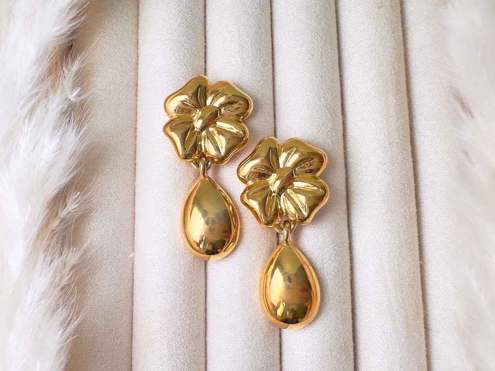 Gold Vintage Earrings, Floral Napier Pierced Drop Earrings with Flowers and Golden Teardrops