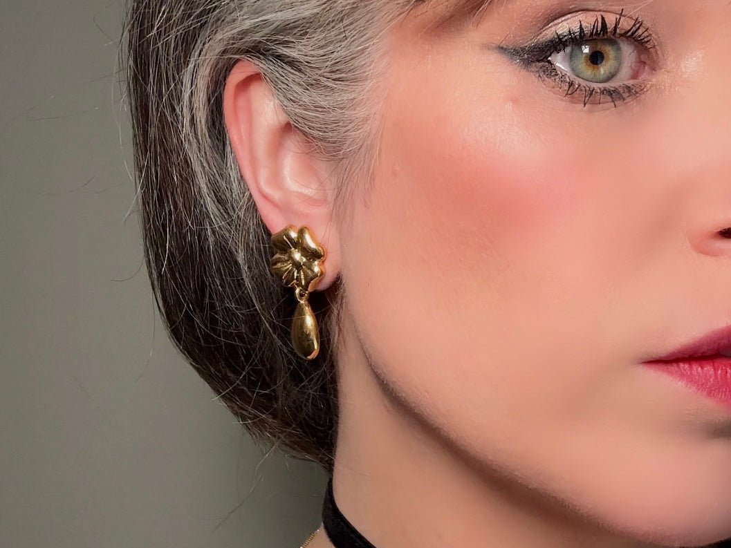 Gold Vintage Earrings, Floral Napier Pierced Drop Earrings with Flowers and Golden Teardrops