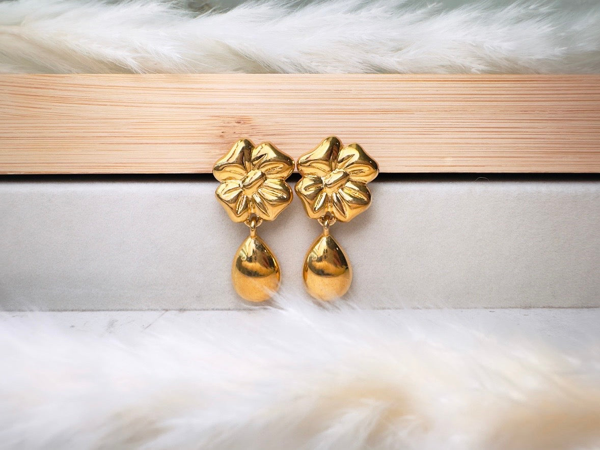 Gold Vintage Earrings, Floral Napier Pierced Drop Earrings with Flowers and Golden Teardrops