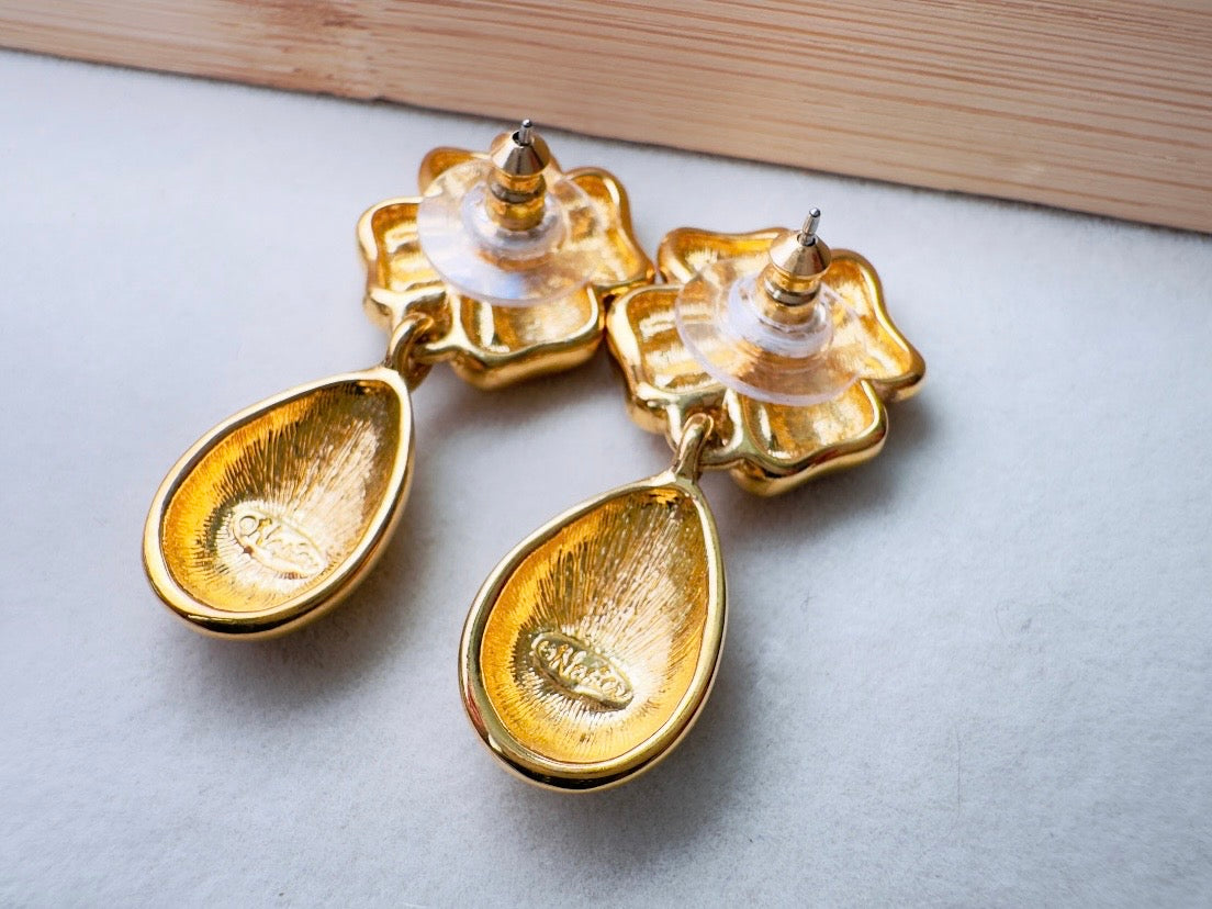Gold Vintage Earrings, Floral Napier Pierced Drop Earrings with Flowers and Golden Teardrops