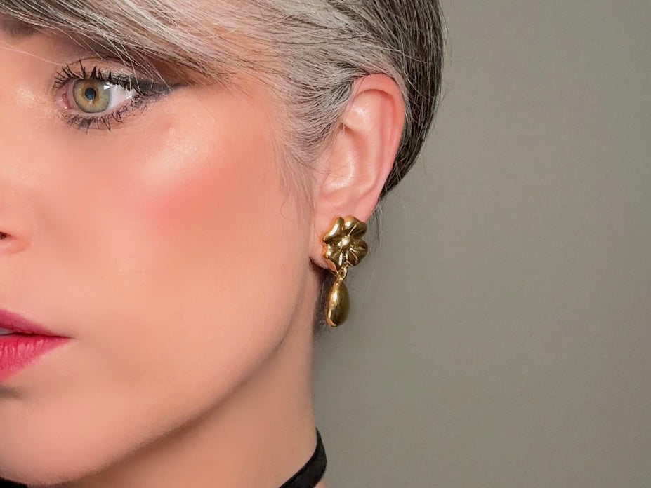Gold Vintage Earrings, Floral Napier Pierced Drop Earrings with Flowers and Golden Teardrops