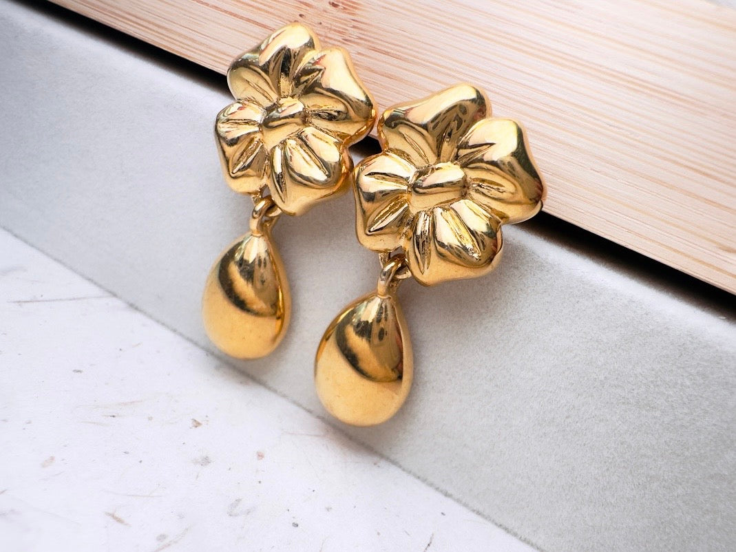 Gold Vintage Earrings, Floral Napier Pierced Drop Earrings with Flowers and Golden Teardrops