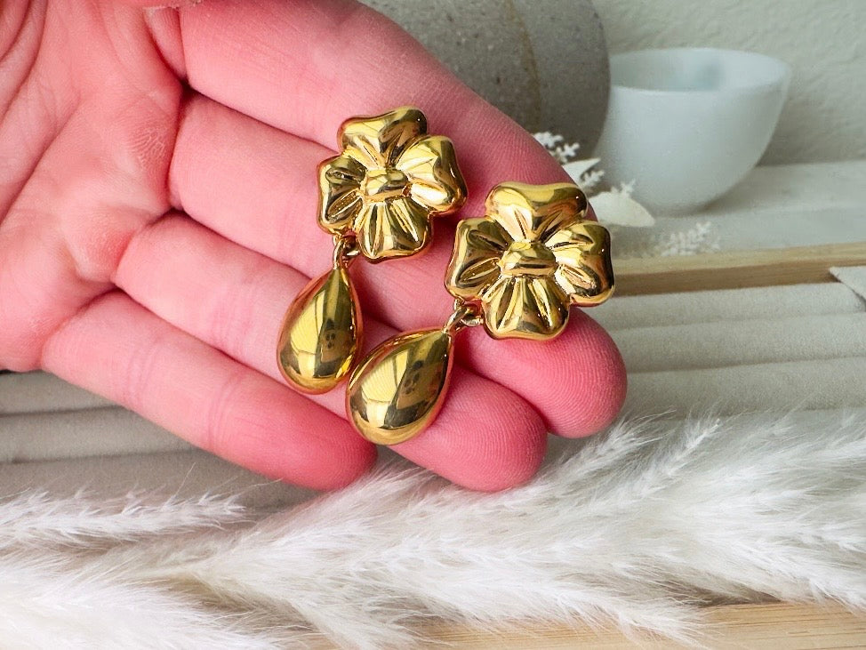 Gold Vintage Earrings, Floral Napier Pierced Drop Earrings with Flowers and Golden Teardrops