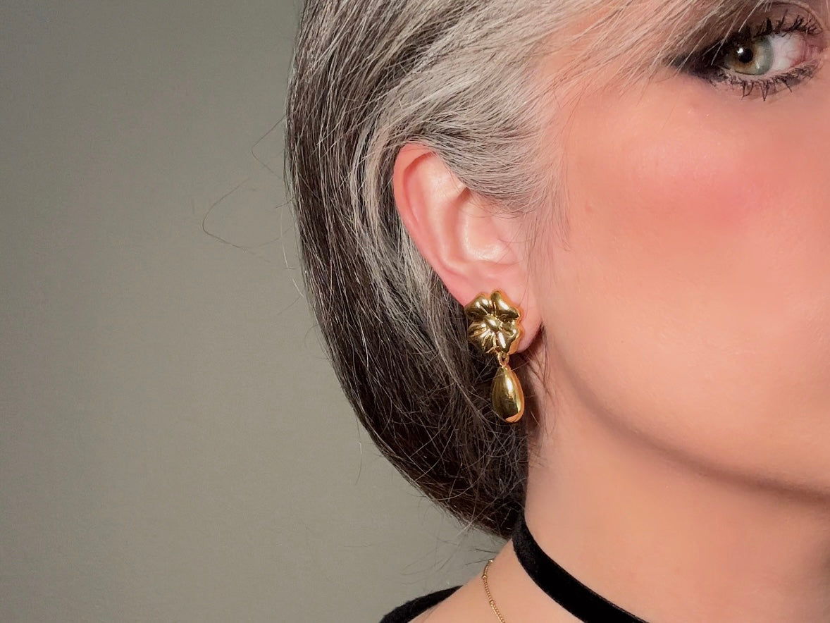 Gold Vintage Earrings, Floral Napier Pierced Drop Earrings with Flowers and Golden Teardrops