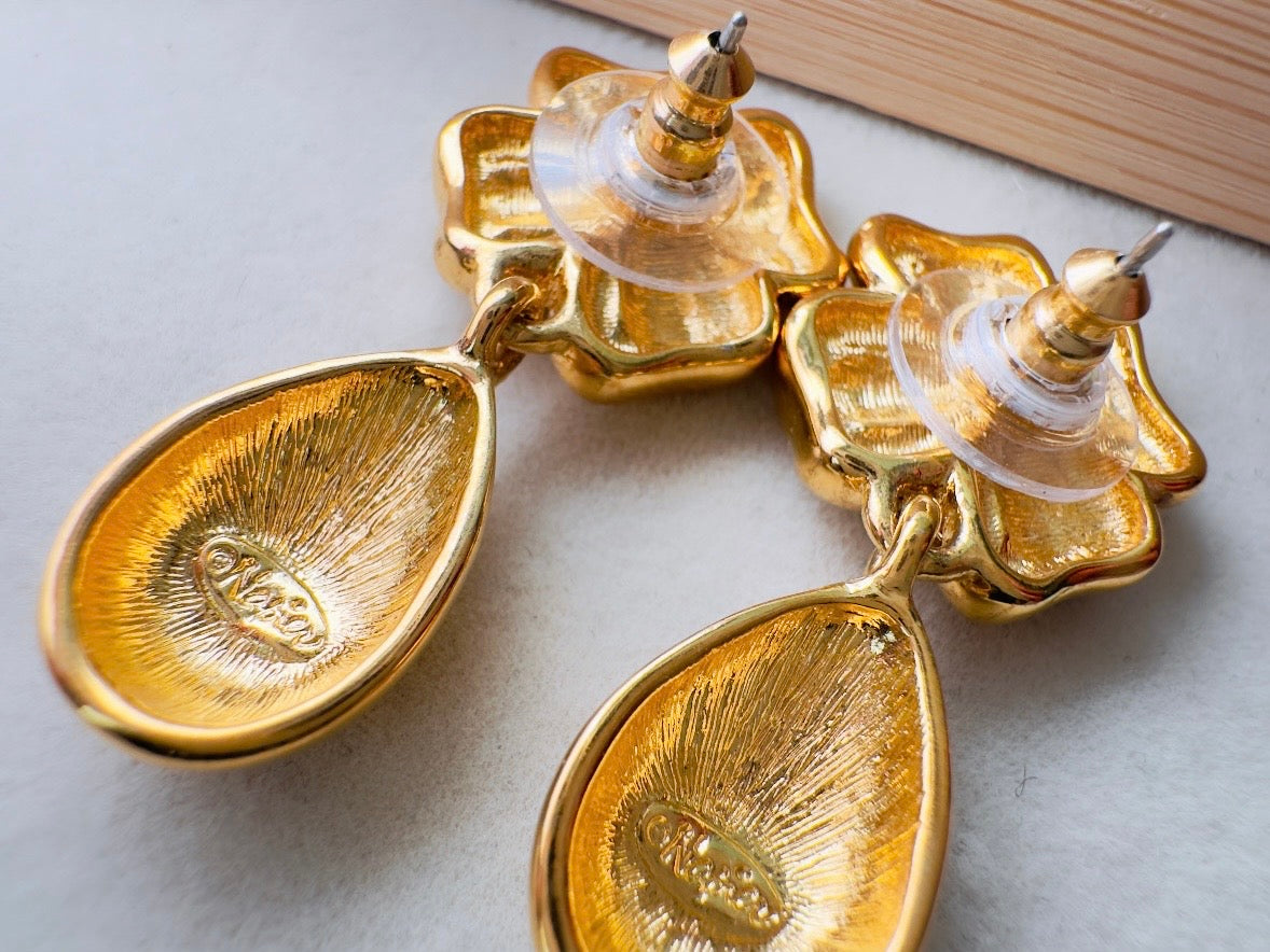 Gold Vintage Earrings, Floral Napier Pierced Drop Earrings with Flowers and Golden Teardrops