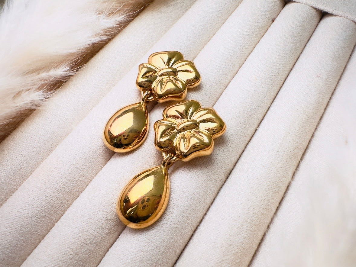Gold Vintage Earrings, Floral Napier Pierced Drop Earrings with Flowers and Golden Teardrops