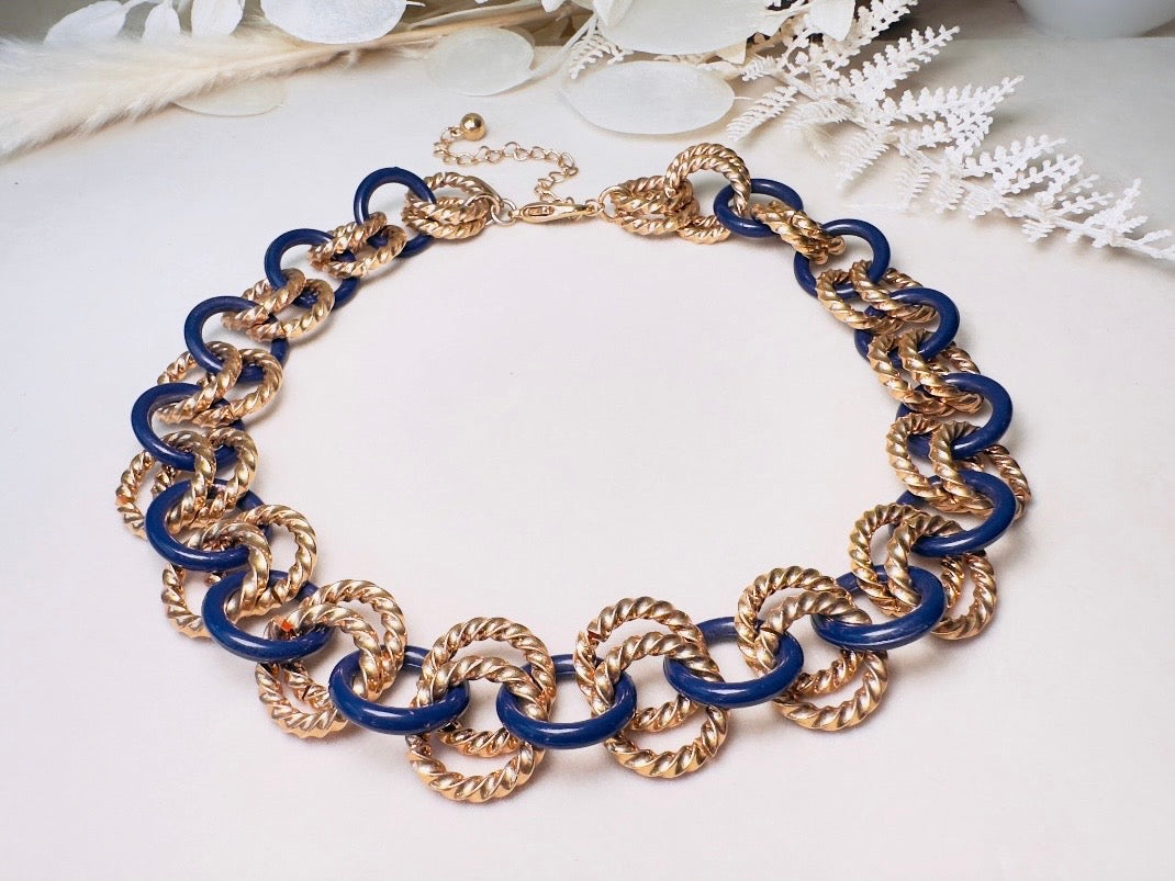 Gold and Blue Twist Link Necklace, Vintage Statement Necklace with Double Chunky Gold Rope Chain Links and Navy Blue Enamel
