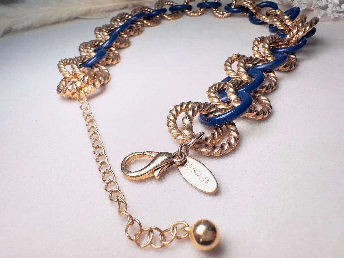 Gold and Blue Twist Link Necklace, Vintage Statement Necklace with Double Chunky Gold Rope Chain Links and Navy Blue Enamel
