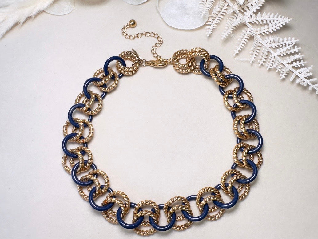 Gold and Blue Twist Link Necklace, Vintage Statement Necklace with Double Chunky Gold Rope Chain Links and Navy Blue Enamel