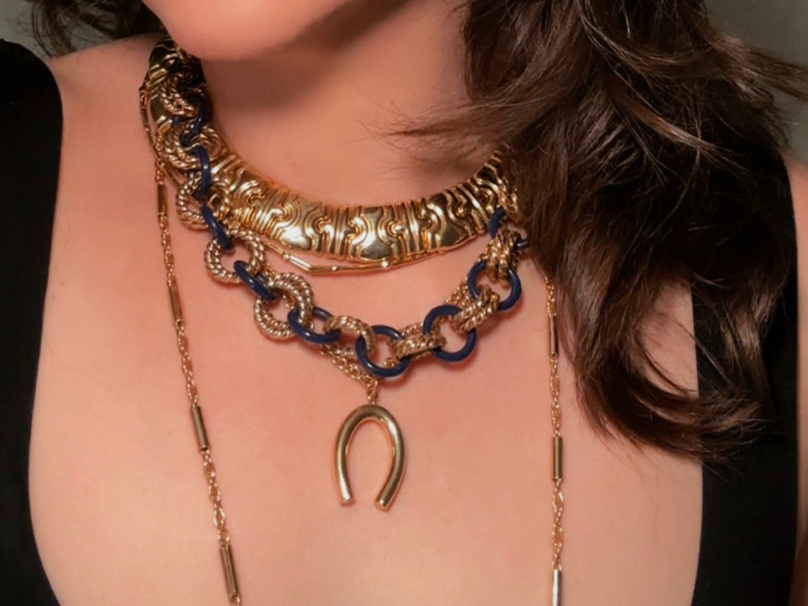 Gold and Blue Twist Link Necklace, Vintage Statement Necklace with Double Chunky Gold Rope Chain Links and Navy Blue Enamel