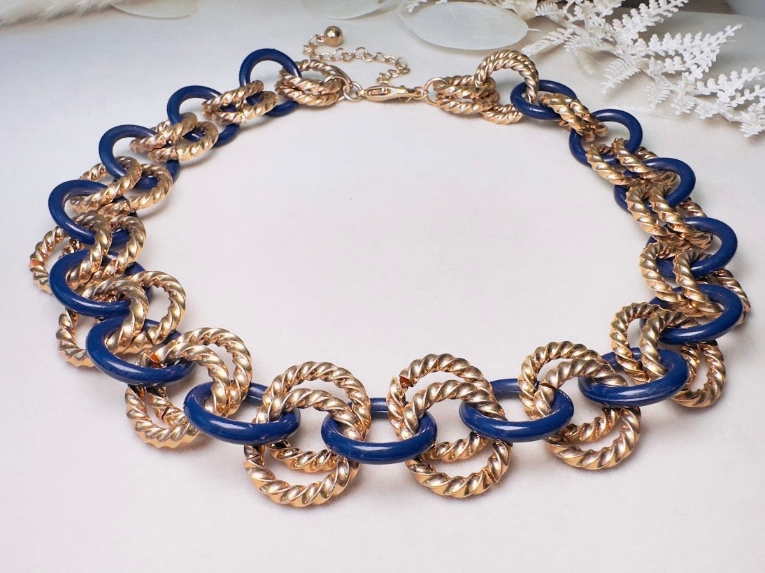 Gold and Blue Twist Link Necklace, Vintage Statement Necklace with Double Chunky Gold Rope Chain Links and Navy Blue Enamel