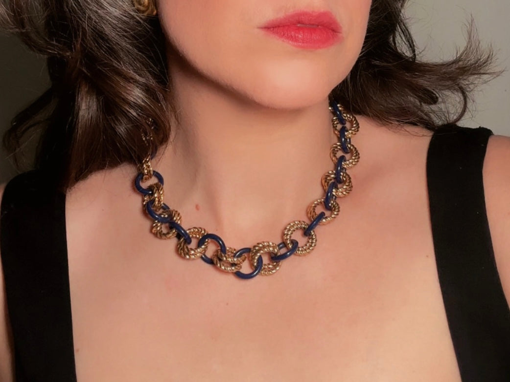 Gold and Blue Twist Link Necklace, Vintage Statement Necklace with Double Chunky Gold Rope Chain Links and Navy Blue Enamel