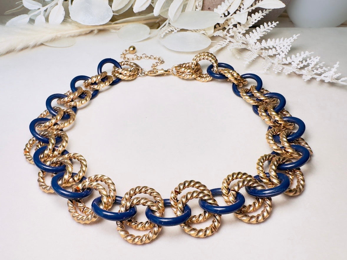 Gold and Blue Twist Link Necklace, Vintage Statement Necklace with Double Chunky Gold Rope Chain Links and Navy Blue Enamel