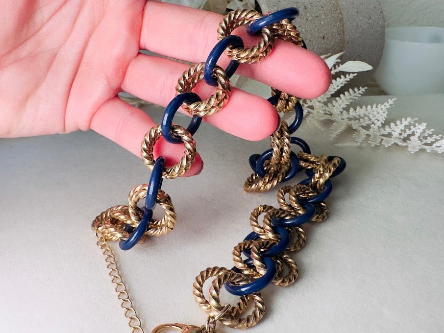 Gold and Blue Twist Link Necklace, Vintage Statement Necklace with Double Chunky Gold Rope Chain Links and Navy Blue Enamel