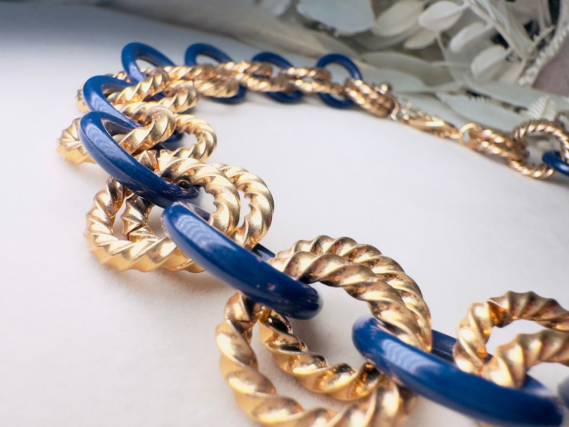 Gold and Blue Twist Link Necklace, Vintage Statement Necklace with Double Chunky Gold Rope Chain Links and Navy Blue Enamel