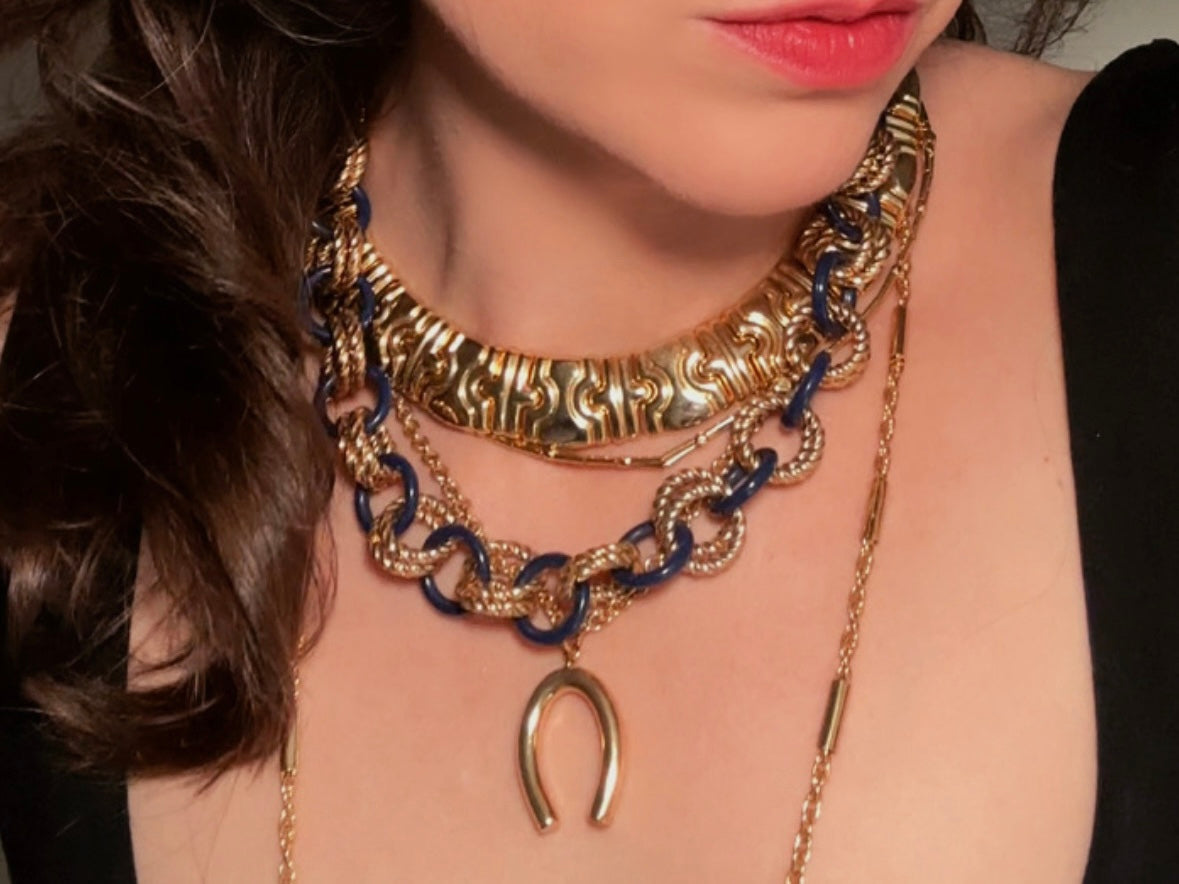 Gold and Blue Twist Link Necklace, Vintage Statement Necklace with Double Chunky Gold Rope Chain Links and Navy Blue Enamel