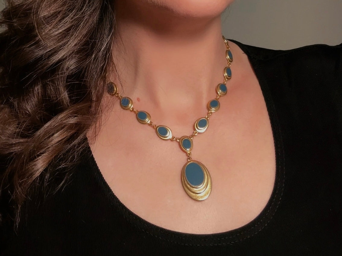 Gold and Blue Y Necklace, Vintage Goldette 1970s Gold Link Necklace with Muted Blue Enamel