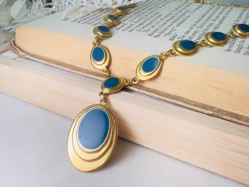 Gold and Blue Y Necklace, Vintage Goldette 1970s Gold Link Necklace with Muted Blue Enamel