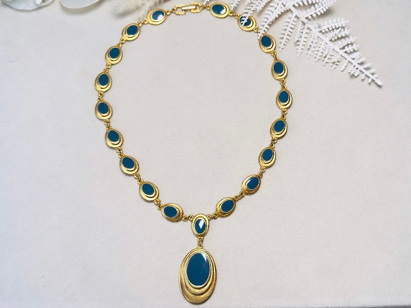 Gold and Blue Y Necklace, Vintage Goldette 1970s Gold Link Necklace with Muted Blue Enamel