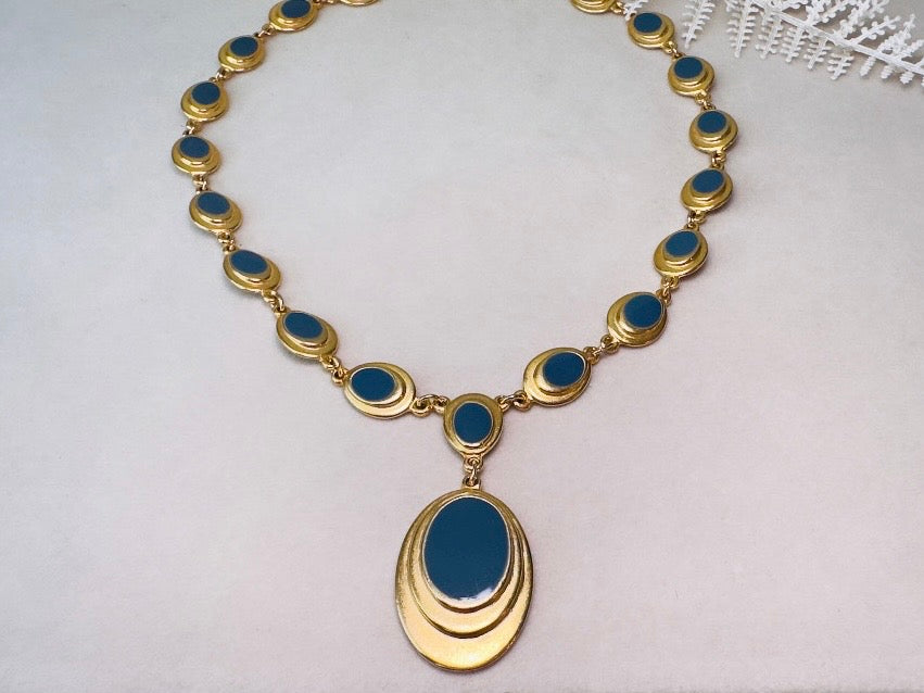 Gold and Blue Y Necklace, Vintage Goldette 1970s Gold Link Necklace with Muted Blue Enamel